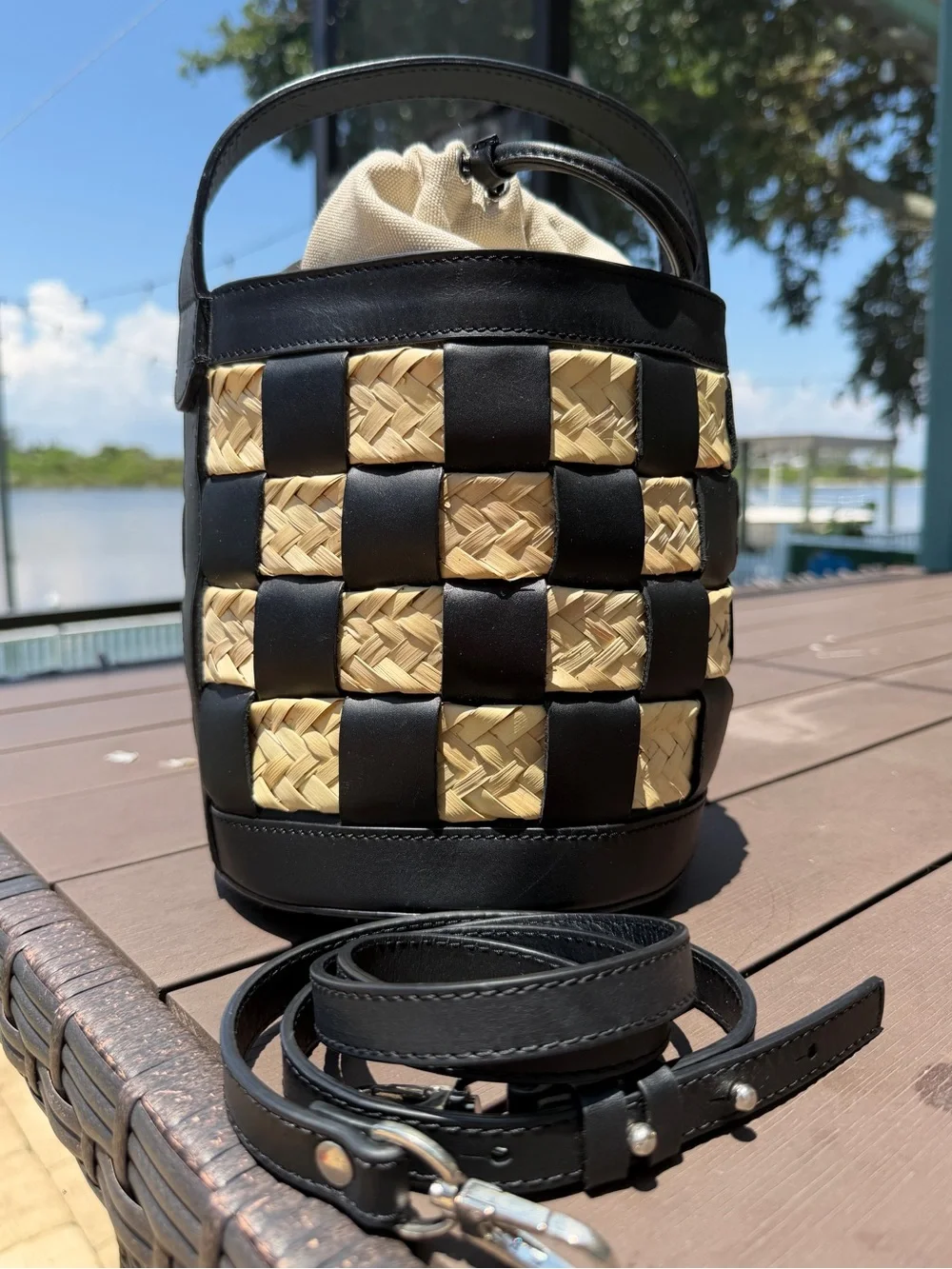 Hereu Galleda Black Woven Leather Raffia Basket Bucket Bag Checkered Crossbody